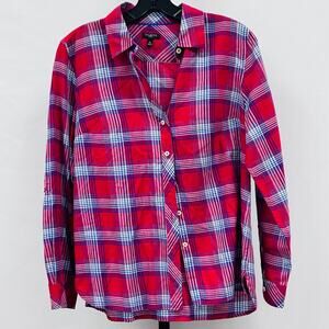 Talbots Women’s Button Down Blouse Shirt Size M Petite Red with Blue Long Sleeve